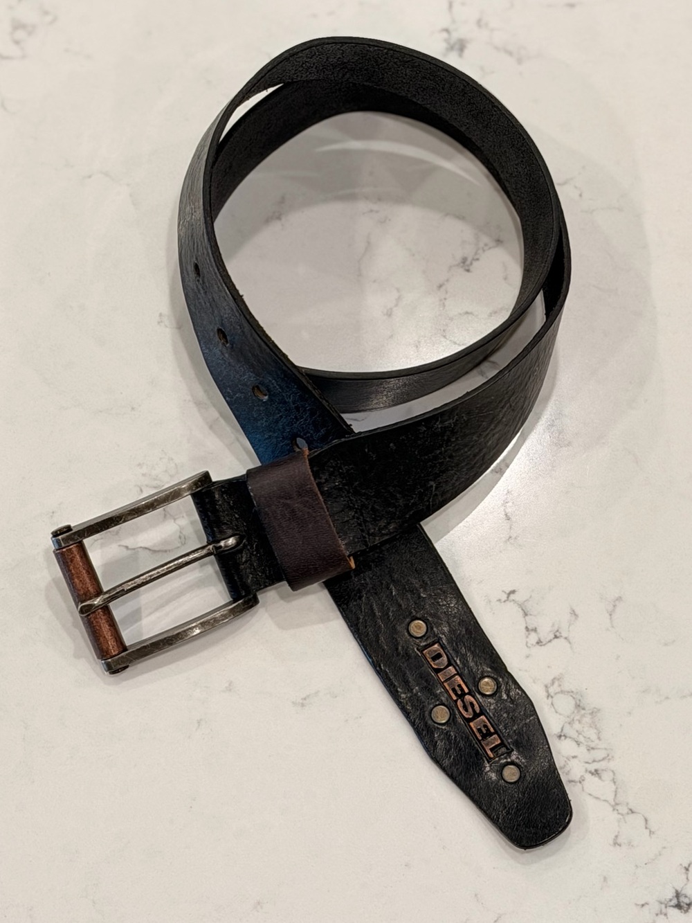 Diesel Roller Boy Black Leather Belt with Branded Metal Logo and Buckle